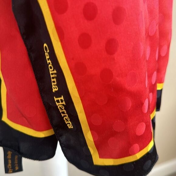 CAROLINA HERRERA Vintage Red Black Yellow Polka Dot Embossed 100% Silk Scarf - Picture 2 of 6